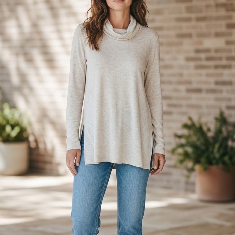 J.Jill Women's Cream Pima Cotton Cowl Neck Tunic Long Sleeve Top Size Small